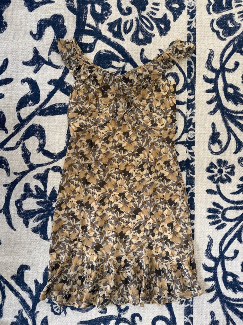 LOFT Beige and Brown Floral Ruffle-Trim Mini Dress